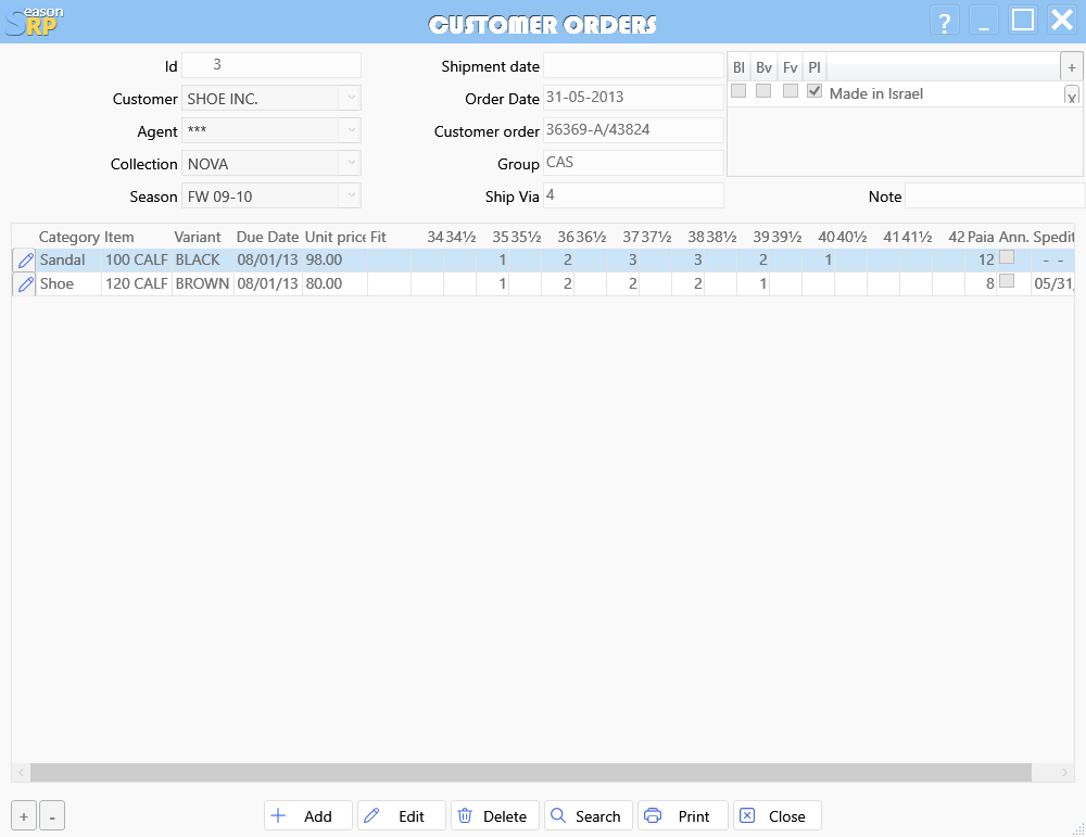 shoe manufacturing software: customer order