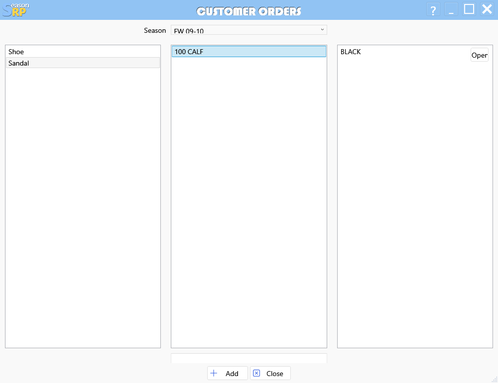 shoe manufacturing software: customer order style selection
