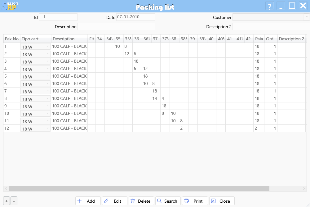 footwear manufacturing software: Packing list
