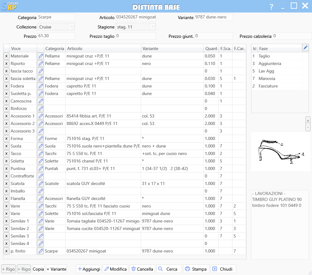 ERP software scarpe distinta base