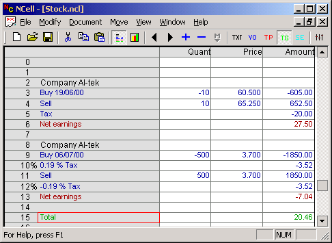 NCell spreadsheet stock sample