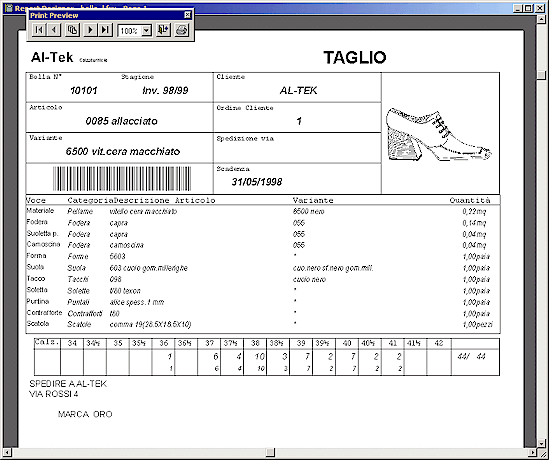 Software gestionale calzature, stampa cartellino di lavorazione
